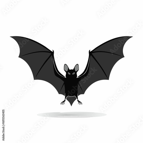 An illustration of a black bat with its wings spread wide, capturing a sense of nocturnal mystery. The bat has sharp features and dark wings.