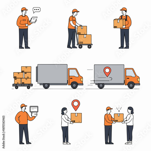 Illustration set depicting various stages of a modern delivery and logistics service, from package handling and truck transportation to customer reception and digital confirmation.