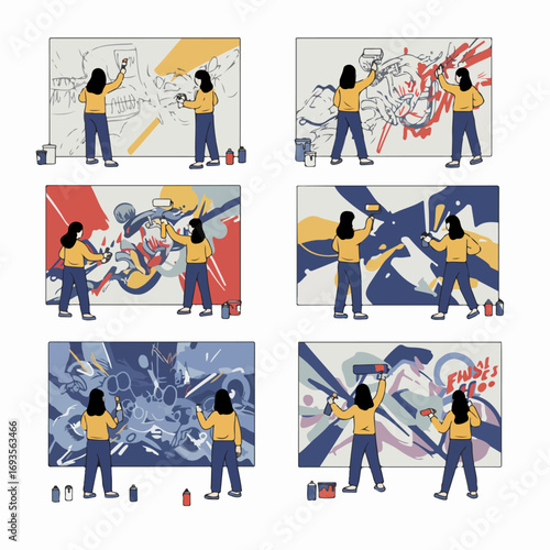 Two women artists collaboratively create a vibrant, large-scale abstract mural, showcasing the dynamic process of street art and creative expression with paint rollers and spray cans.