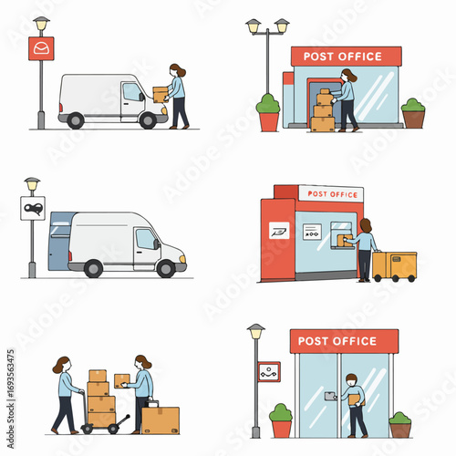 Illustrations of postal service operations, including package delivery, receiving, and sending at a post office and with a delivery van.