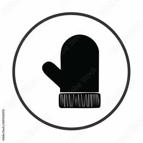 Black mitten icon inside a circle with a minimalist style. The design has a simple yet elegant appearance