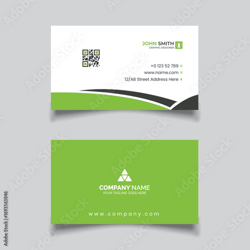 Modern professional business card design with green accents and qr code for contact information