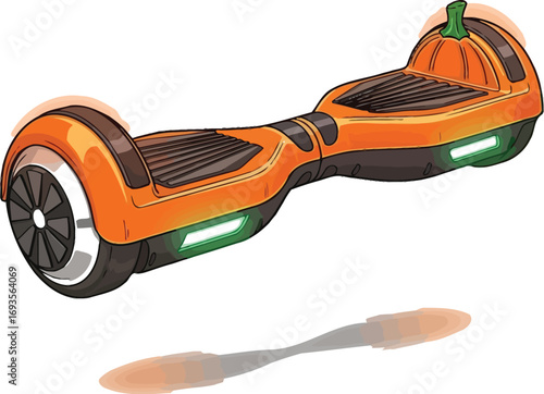 Orange hoverboard with pumpkin design perfect for halloween themed transportation