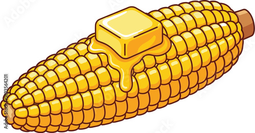 Cartoon corn on the cob with melting butter illustration for summer and food art
