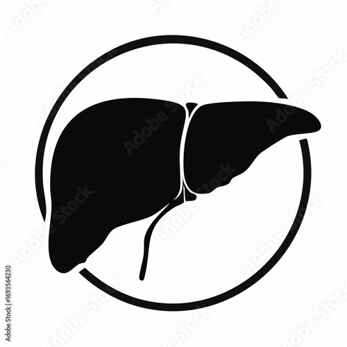 A human liver silhouette inside a circle, representing health and biology