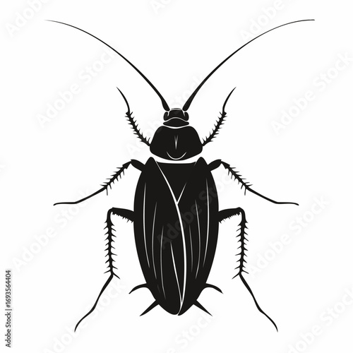 A black cockroach in a flat design, with its body and legs clearly outlined