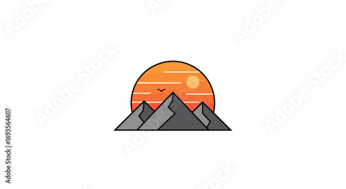 Stylized vector graphic of a mountain range at sunset or sunrise. Minimalist nature landscape icon for outdoor adventure or travel emblem