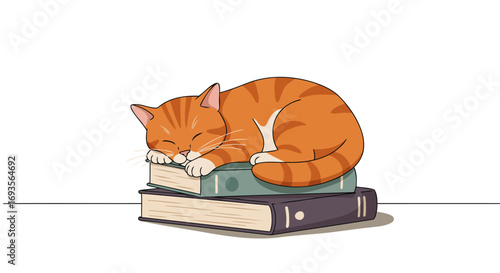 Cute ginger cat sleeping peacefully on a stack of books, an adorable kitten napping on literature, isolated vector illustration