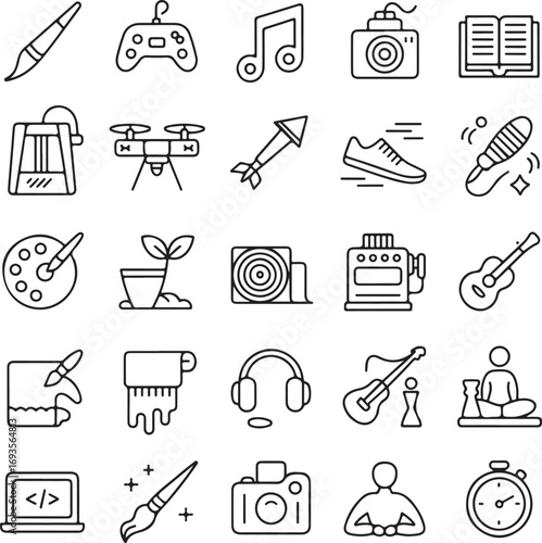 Collection of hobby and leisure activity icons in outline style vector