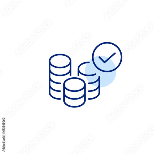 Stack of coins and checkmark. Secure finances and investments. Savings account protected. Pixel perfect, editable stroke vector icon