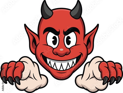 Cartoon red devil character with claws, mischievous grin and horns, Halloween fantasy mascot, expressive face illustration, playful evil design, spooky themed art