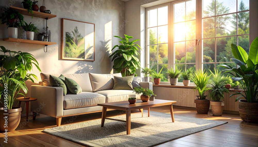 Fototapeta premium Natural living room with plants and sunlight