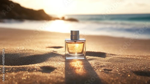 Perfume Bottle on Beach at Sunset: Golden Hour Luxury Fragrance