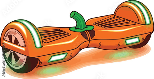 Cartoon hoverboard with a pumpkin theme and green lights for halloween fun ride