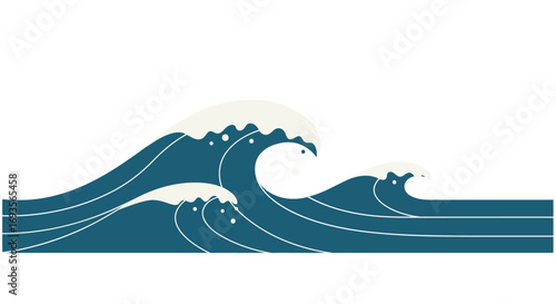 Stylized ocean surf with foam crests, a simple and minimalist blue sea wave vector illustration isolated on white background