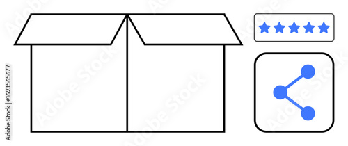 Open cardboard box, five-star rating icon, and sharing icon. Ideal for delivery services, quality assurance, customer reviews, logistics, e-commerce, viral content simple landing page