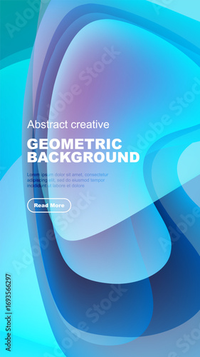 Abstract geometric background features flowing blue shapes. Text overlay includes title, sample text, button. Modern design elements present.