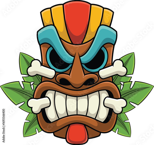 Cartoon tribal mask with angry eyes, colorful tiki face, red tongue and bones, expressive character design, cultural illustration, fantasy decoration element