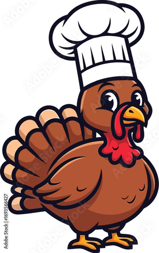 Cartoon turkey wearing a chef hat stands on a white background illustration