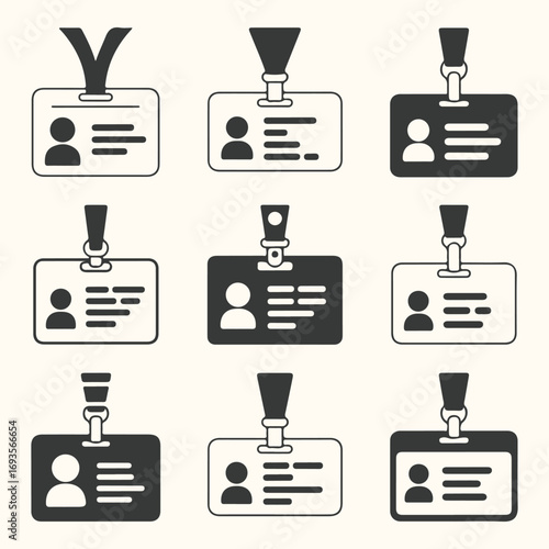 Vector art of collection of nine different id card icons with lanyard