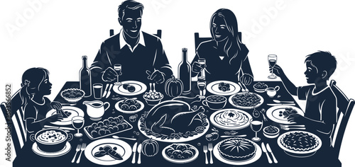 Family enjoys thanksgiving dinner with turkey pie and wine in a vector graphic