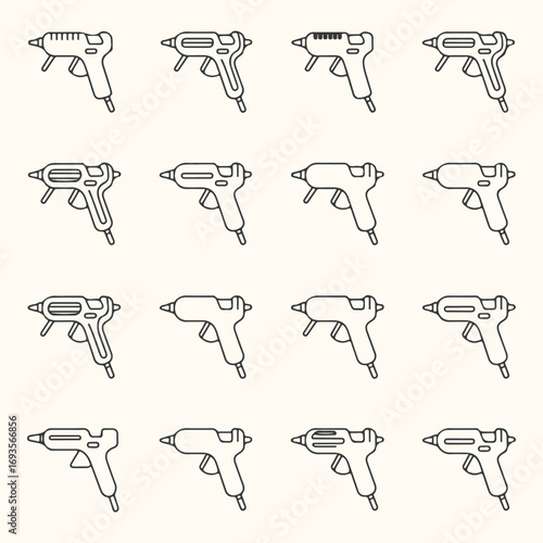 Vector art of collection of hot glue gun icons in various styles, isolated on a