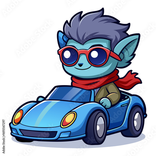 A cartoon-style zombie mascot riding in a blue sports car, isolated on white backgound.