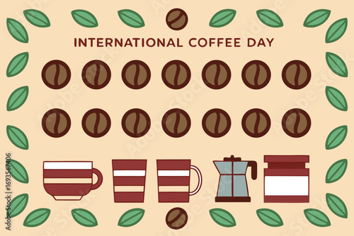 International Coffee Day with coffee beans cups and moka pot