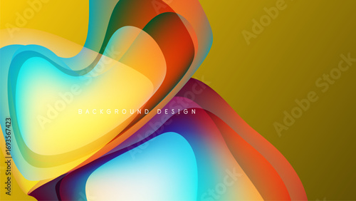 Abstract colorful shapes overlap, creating dynamic fluid design. Yellow, orange, blue hues dominate dark background. Modern aesthetic.