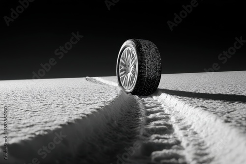 Close-up of a car tire leaving tracks in fresh snow under dramatic lighting