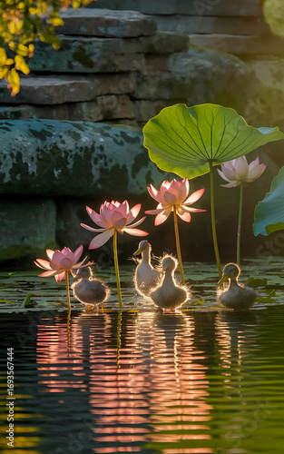 Pink lily in the pond