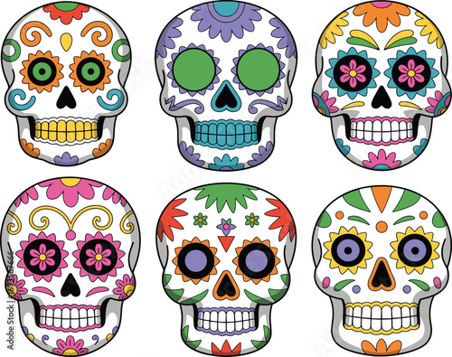 Colorful sugar skull illustration set, Day of the Dead decoration, vibrant floral designs, Mexican cultural art, festive cartoon skulls, symmetrical holiday motifs