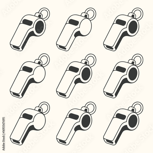 Vector art of nine identical white whistles arranged in a 3x3 grid isolated on a cream background