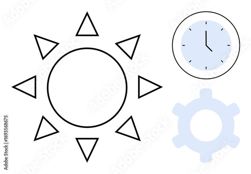 Circular sun with triangular rays, a minimal clock face, and a pale gear shape. Ideal for themes thumbs up time, energy, productivity, efficiency, planning, organization strategy flat simple