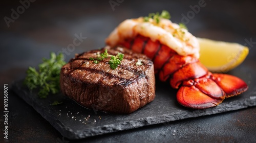 Juicy grilled steak with lobster tail and lemon wedge served on a dark slate plate for fine dining gourmet meal presentation