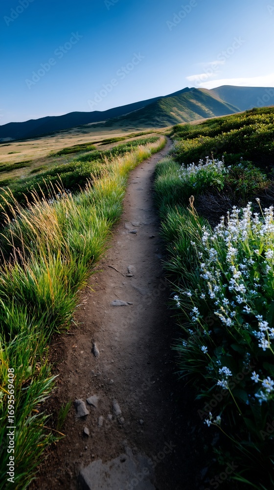 Fototapeta premium Scenic mountain trail winding through wildflowers and grass