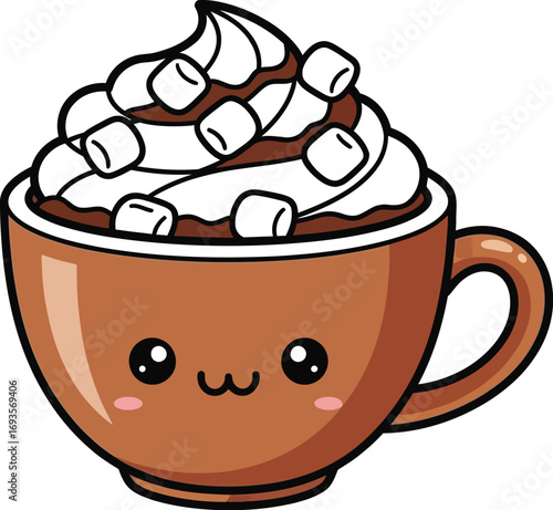 Cute cartoon hot chocolate with marshmallows and whipped cream in a brown mug