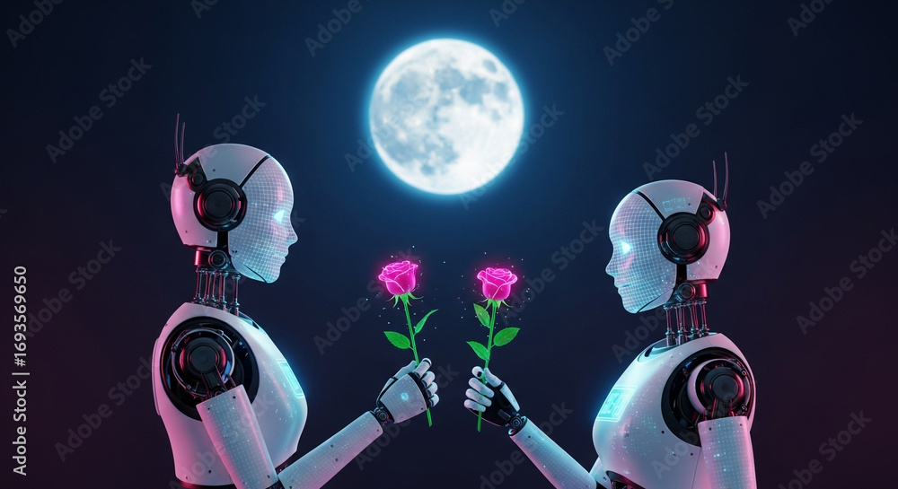 Fototapeta premium Two robots exchanging digital roses under a neon moon
