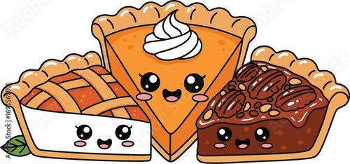 Cute cartoon illustration of apple pumpkin and pecan pie slices with faces
