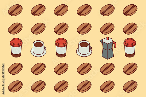 Isometric coffee beans cups and moka pot on yellow background