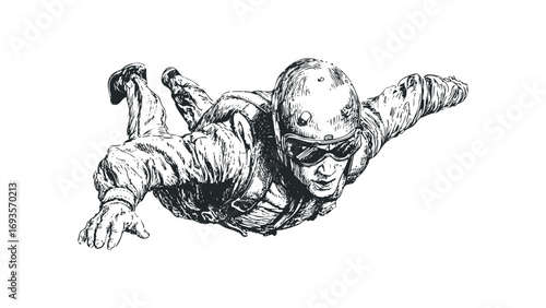 Person in flight suit and helmet diving with arms outstretched. Vector hand drawn illustration