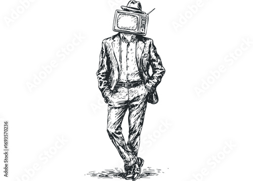 Sketch of a man with vintage television set for a head wearing a suit and hat. Vector hand drawn illustration