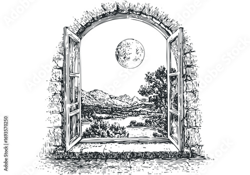 Open stone arched window revealing a serene moonlit landscape with mountains and water. Vector hand drawn illustration