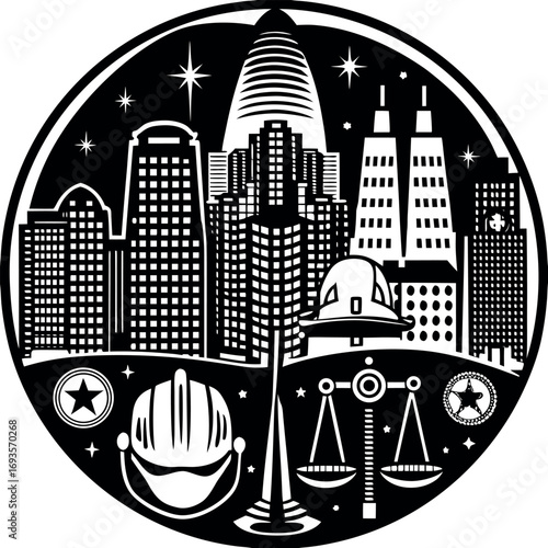 Futuristic cityscape with construction symbols and stars modern architecture skyscrapers