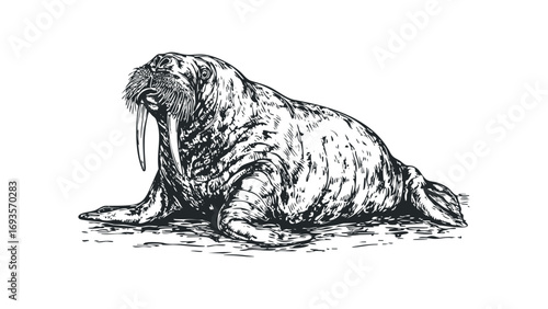 Sketch of a walrus with tusks on a transparent background. Vector hand drawn illustration