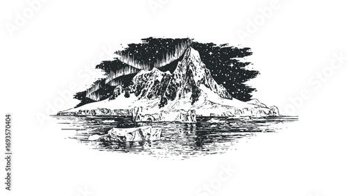 Mountain iceberg landscape with aurora borealis sky in sketch style. Vector hand drawn illustration