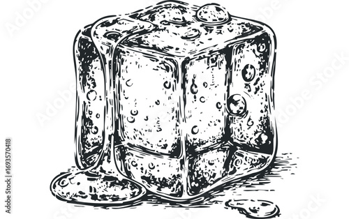 Ink sketch of a melting ice cube with dripping liquid and bubbles. Vector hand drawn illustration