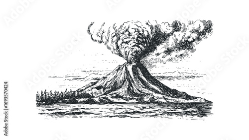 Volcanic eruption spewing ash clouds over water and forested land graphic. Vector hand drawn illustration