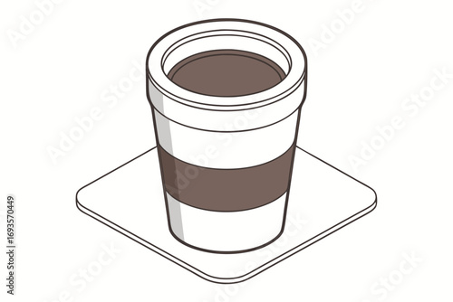Isometric illustration of a disposable coffee cup on a coaster