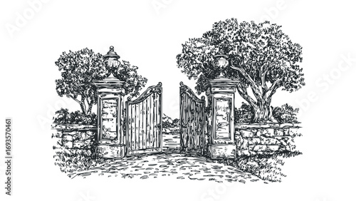 Open ornate gate with stone wall and trees on transparent background. Vector hand drawn illustration